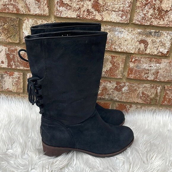 Ugg Cary Black Suede Mid Calf Boots with Leather Laced Up Backs Size 7 - Picture 2 of 7